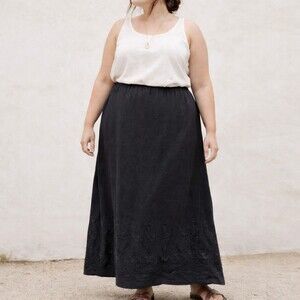 Linen Blend Maxi Skirt Embroidered Skirt Boho Lagenlook Black Plus Size 20W